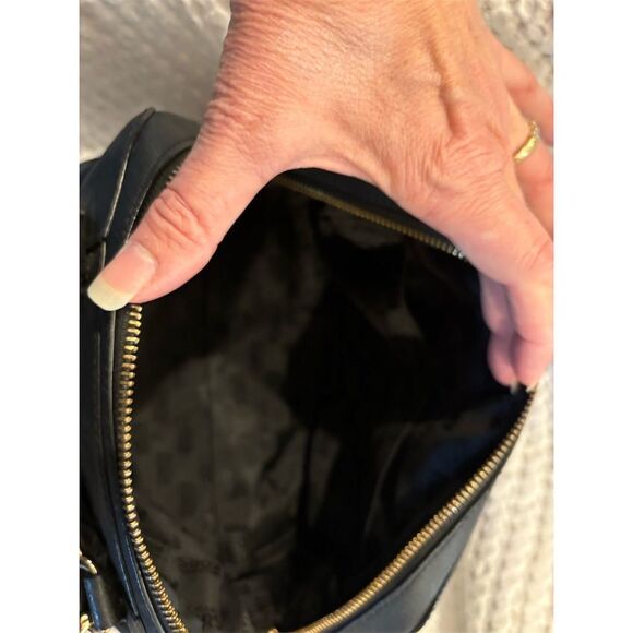 Michael Kors Black Leather Dome Satchel Medium Handbag Gold Accents Purse - Picture 8 of 12